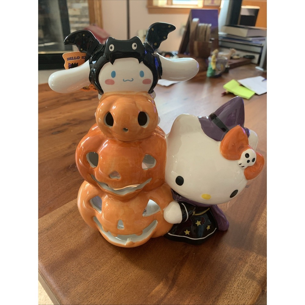 Sanrio Hello Kitty & Cinnamoroll Pumpkins Tea Light Holder 7.5"H Ceramic Blue So